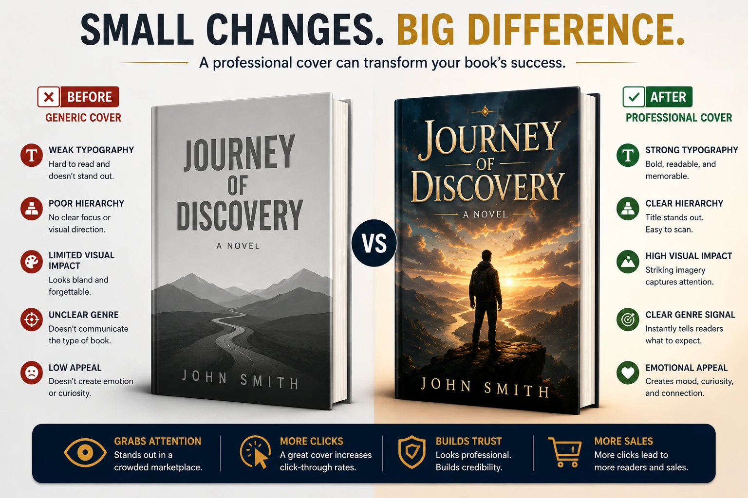 Comparison between a generic book cover and a professionally designed cover showing improvements in typography, visual impact, genre recognition, and reader appeal.