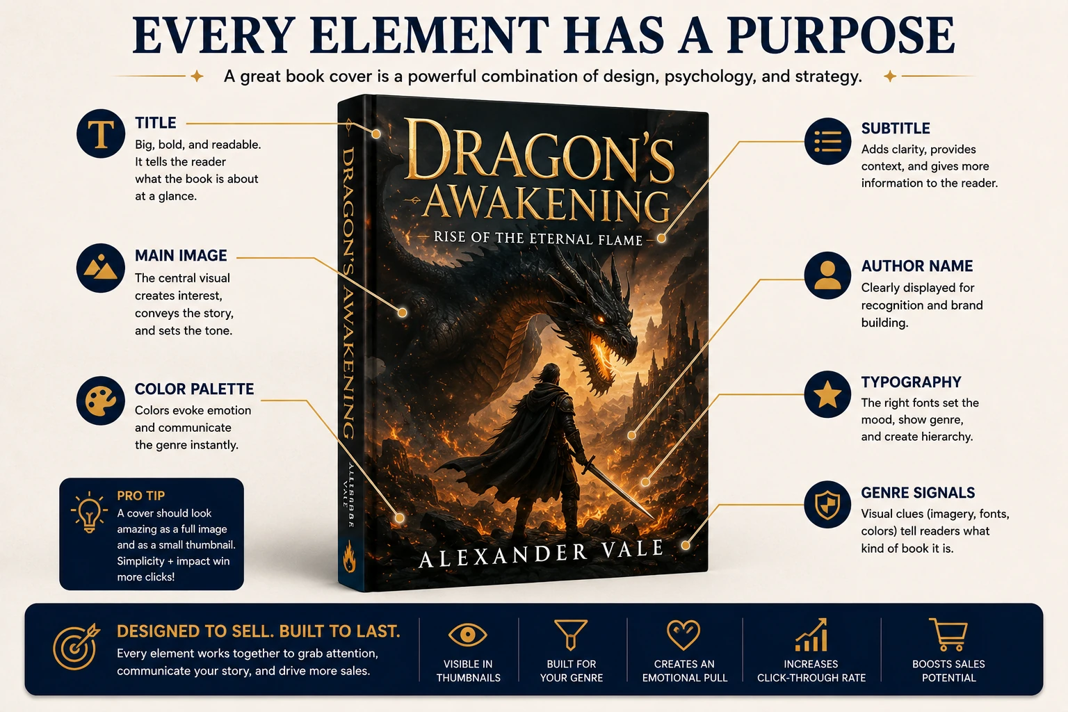 Annotated book cover design showing title placement, typography, imagery, subtitle, author name, color palette, and genre-specific design elements.
