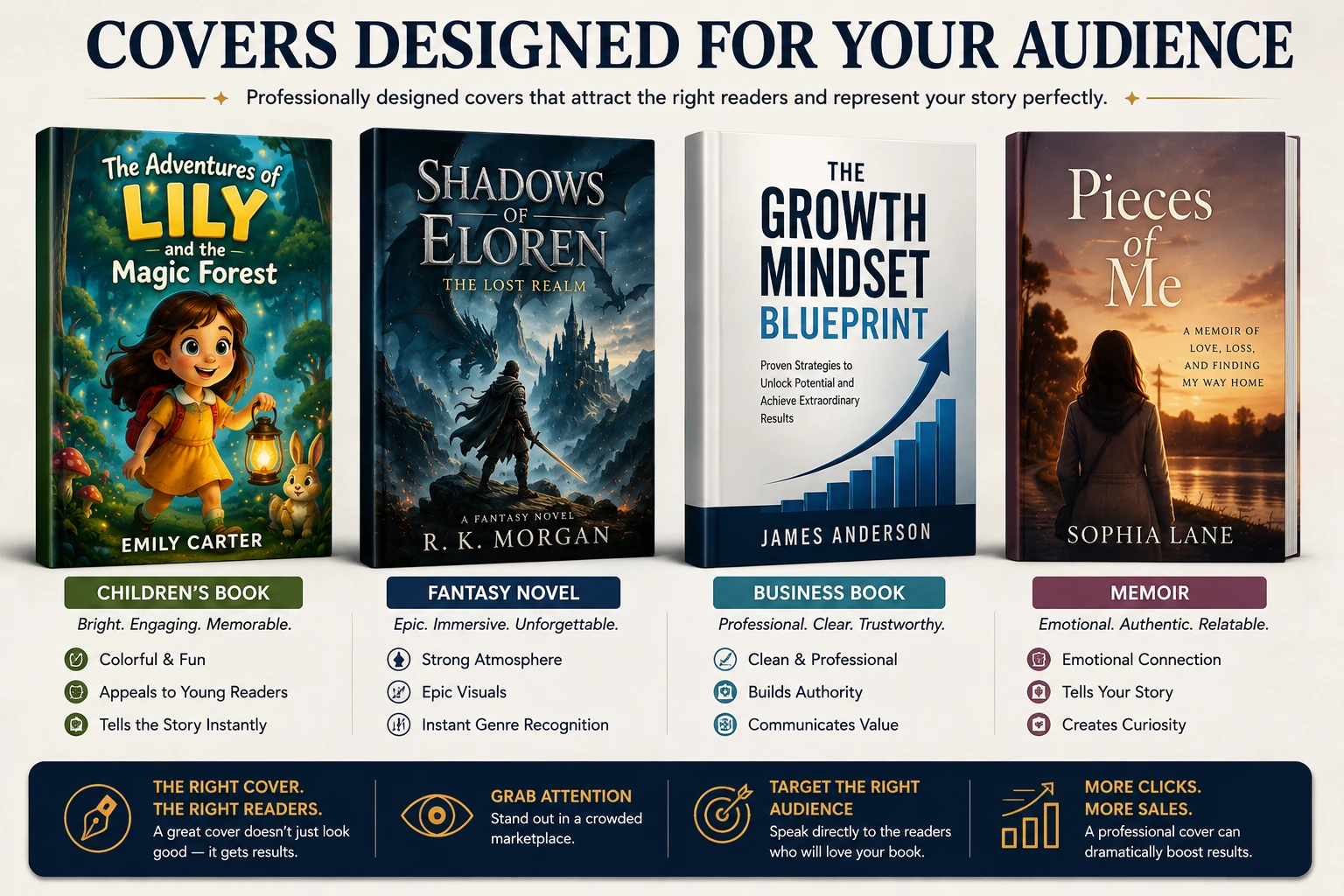 Book cover examples for children's books, fantasy novels, business books, and memoirs demonstrating genre-specific cover design strategies.