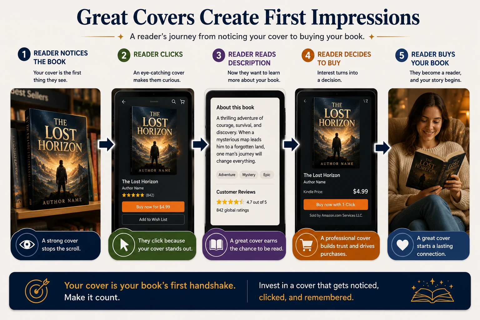 Book marketing funnel illustrating how a professional book cover helps readers notice, click, explore, and purchase a book.