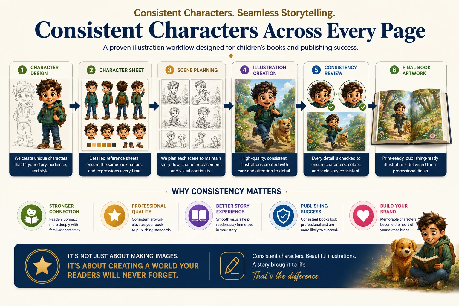 Character consistency workflow showing character design, reference sheets, scene planning, illustration creation, review process, and final book artwork.