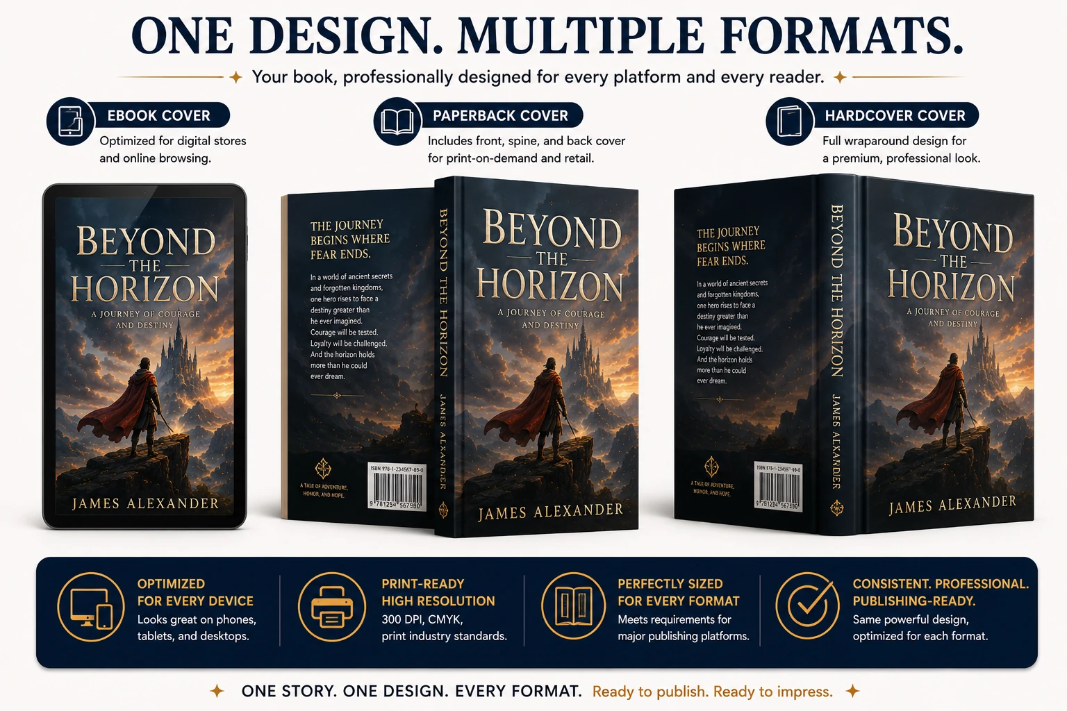 Comparison showing a single book cover adapted for ebook, paperback, and hardcover publishing formats.