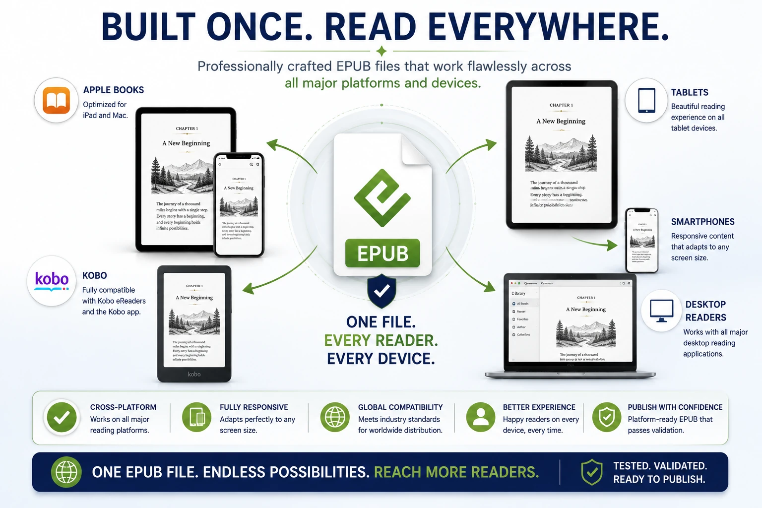 Professionally created EPUB file displayed across Apple Books, Kobo, tablets, smartphones, and desktop readers to demonstrate universal device compatibility.