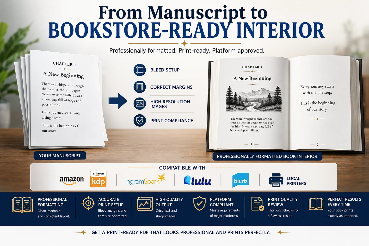 Professional print-ready PDF creation service showing a manuscript transformed into a professionally formatted book interior prepared for KDP, IngramSpark, and commercial printing.