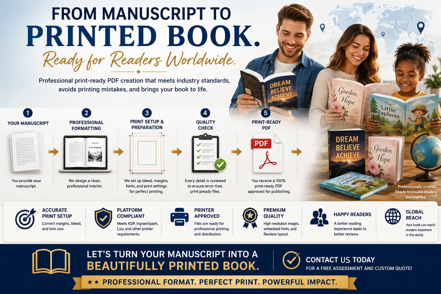 Print-ready PDF publishing workflow showing manuscript formatting, print preparation, quality review, PDF creation, and professionally printed books reaching readers worldwide.